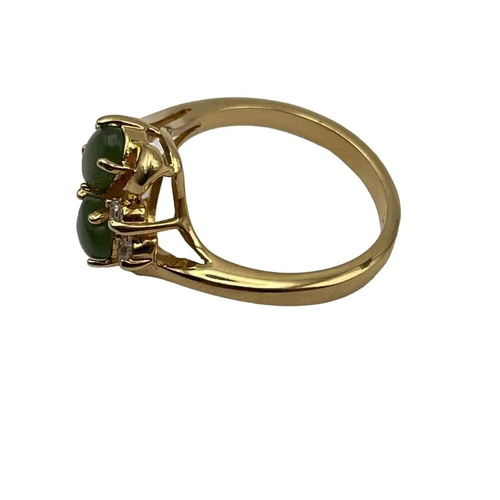VTG JC Signed Cocktail Ring Gold Tone Rhinestone & Green Gemstone Cabs Size 5.75